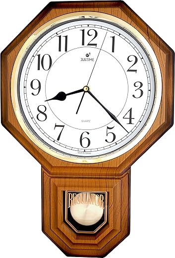 JUSTIME Traditional Schoolhouse Easy to Read Pendulum Plastic Wall Clock Chimes Every Hour with Westminster Melody Made in Taiwan, 4AA Batteries Included (PP0258-WLW Light Wood Grain)