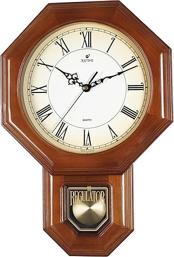 JUSTIME Traditional Schoolhouse Solid Wood Roman Pendulum Wall Clock Chimes Hourly with Dual Melody Chime Made in Taiwan (Dark Wood W/Dual Melody)