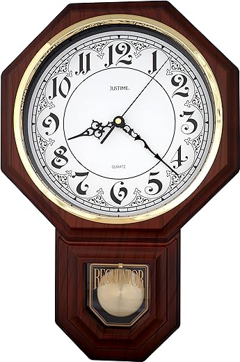 JUSTIME Traditional Schoolhouse Vintage Arabic Pendulum Wall Clock Chimes Hourly with Westminster Melody (Dark Wood Grain AV-DW)