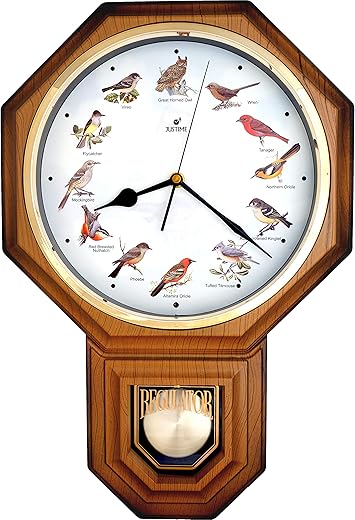 JUSTIME Unique 12 North America Bird's Song Schoolhouse Pendulum Wall Clock Chimes Every Hour Melody Made in Taiwan (TCBD-PP-OW-LW Light Wood)