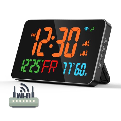 JXJHOVV WiFi Clock, Atomic Clock, Automatic Time Calibration, with Clock Area Temperature Humidity, Date, Day of Week, Adjustable Brightness, with Smart Life APP