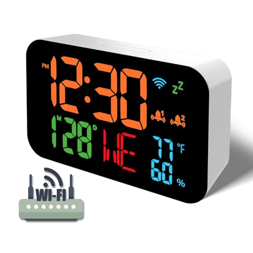 JXJHOVV WiFi Clock, Small Atomic Clock, Automatic Time Calibration, with Clock Area Temperature Humidity, Date, Day of The Week, Adjustable Brightness, with Smart Life APP