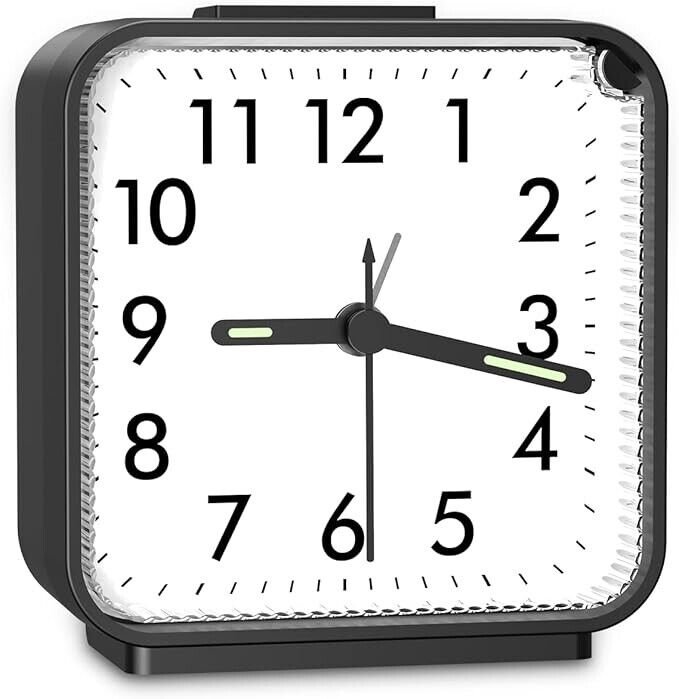 JXTZ Silent Analog Alarm Clock – Battery Powered, Night Light, Snooze for Travel
