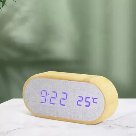 kchsji Digital Alarm Clock Round Wooden Desk Clocks With 4 Alarms Sound Control50-100% Dimmer LED Electronic Clock For Bedroom Table Bedside Decor Blue