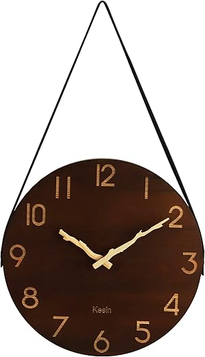 Kesin Wall Clock 10 Inch Silent Wooden Wall Clock Battery Operated Hand Made Retro Fashion Clock with Rope Hanging Decorative for Living Room,Kitchen,Bedroom,Office