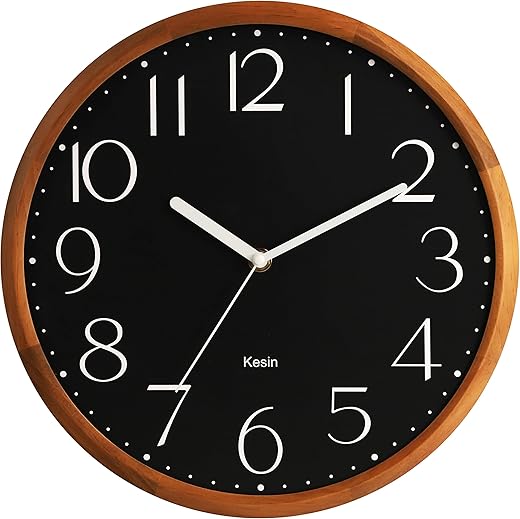 Kesin Wall Clock 12 Inch Black Wooden Wall Clocks Battery Operated Silent Non-Ticking Easy to Read Round Farmhouse Clock Home Decor for Kitchen, Living Room, Bedroom, Office