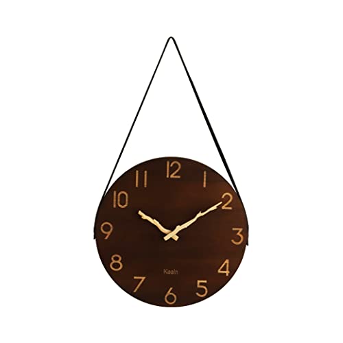 Kesin Wall Clock 12 Inch Silent Wooden Wall Clock Battery Operated Hand Made Retro Fashion Clock with Rope Hanging Decorative for Living Room Kitchen Bedroom Office