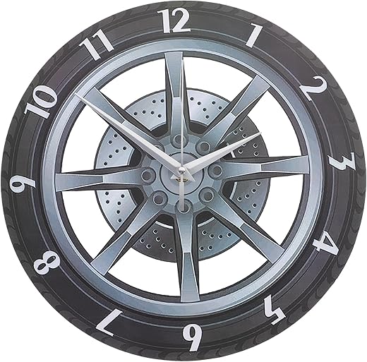 Kichvoe 3D Garage Wall Clock Wheel Shaped Tire Rim Clock Silent Battery Operated Acrylic Gear Clock Mute Wall Clock for Automotive Mechanic Shop Car Enthusiasts Bedroom