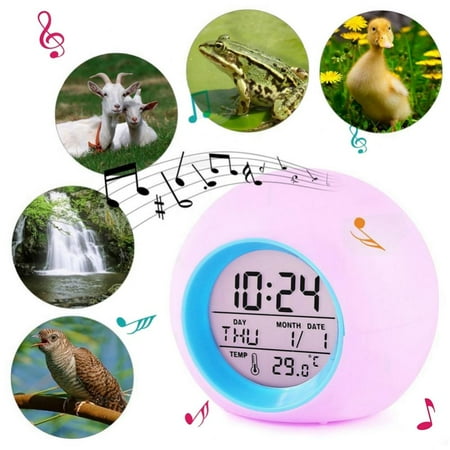 Kids Alarm Clock, 7 Color Night Lamp, Children Sleep Trainer Alarm Clock, Kids Wake up Light Alarm Clock for Kids Bedroom Girls Boys School Season Gifts