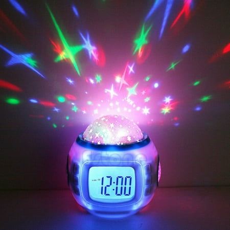 Kids Alarm Clock,Moon Stars Projector 7 Color Night Light, Children Sleep Trainer Alarm Clock, Kids Wake up Light Alarm Clock Aid Digital Alarm Clock for Kids Bedroom Girl Boys Thanksgiving Xmas Gifts