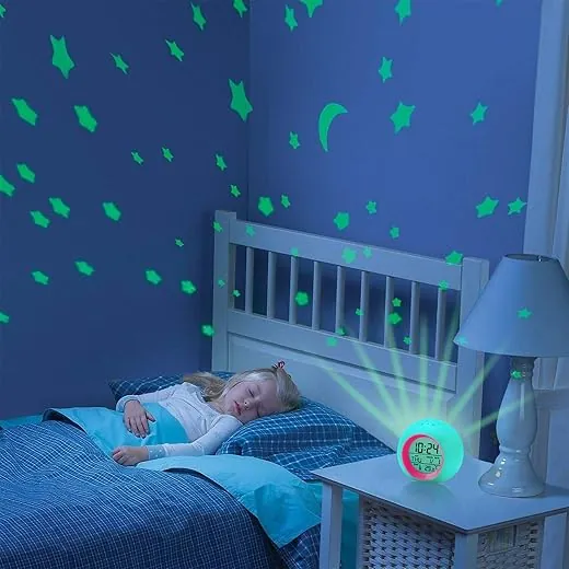 Kids Alarm Clock,Moon Stars Projector Alarm Clock,7 Color Changing Night Light,Snooze Touch Control Temperature for Kids’ Bedroom, Digital Clock for Girls Boys Children Thanksgiving Xmas Gifts