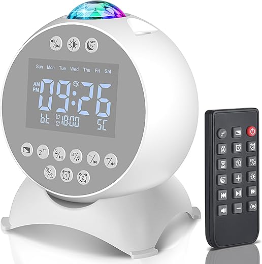 Kids Alarm Clock Star Projector, Galaxy Night Light Projector Kids, Bluetooth Speaker Alarm Clock Bedroom 14 White Noise Sounds 21 Projection Snooze Auto-Off Timer Remote Control, White