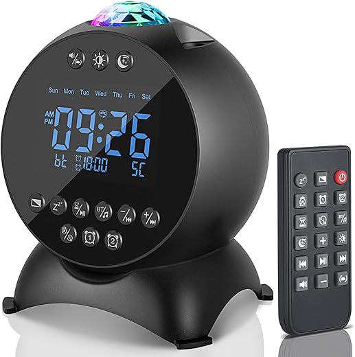 Kids Alarm Clock Star Projector, Galaxy Night Light Projector Kids, Bluetooth Speaker Alarm Clock Bedroom 14 White Noise Sounds 21 Projection Snooze Auto-Off Timer Remote Control, Black