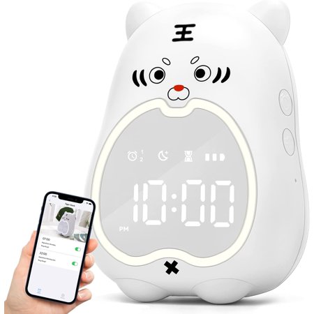 Kids Alarm Clock with Smartphone App Control. Digital Wake Up Clock for Kid Bedroom. Cute Bedside WiFi Clock with 3D Tiger. Night Light Clock with USB Recharge for Boys Girls Birthday Gifts.(White)