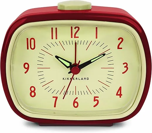 Kikkerland Battery Operated Retro Vintage Style Desktop Nightstand Bedside Office Classic Simple Alarm Clock, Beeping Alarm, Glow in Dark Hands, in Red