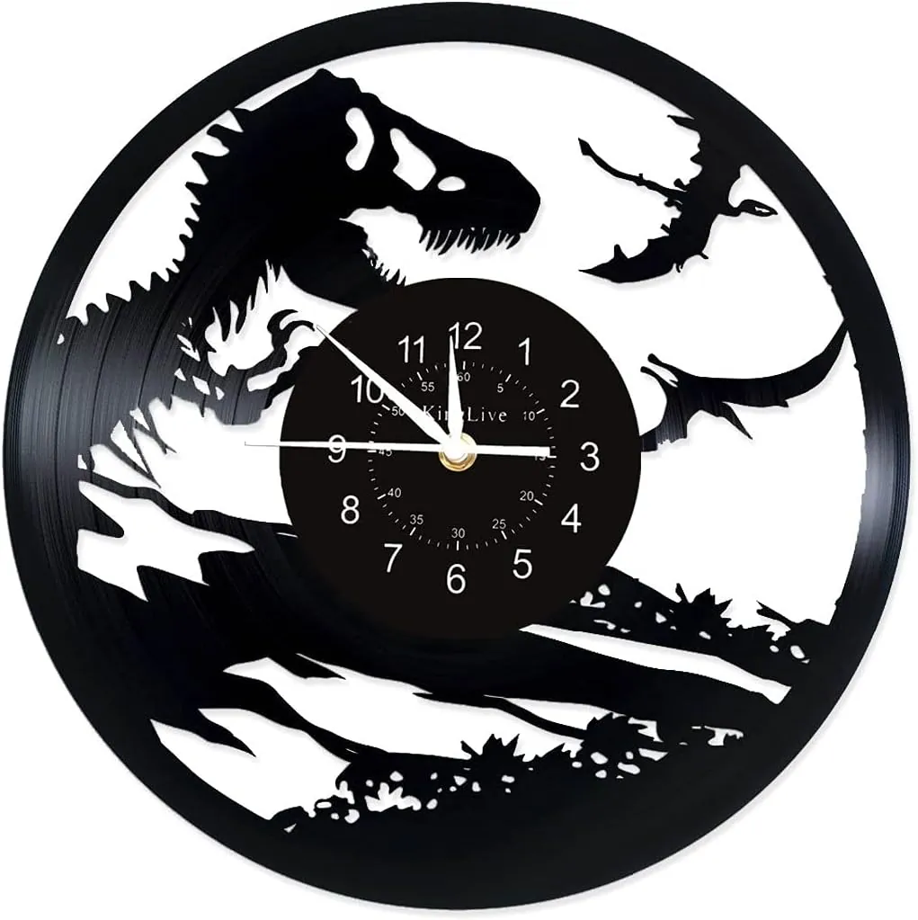 KingLive Dinosaur Wall Clock | Dinosaur Record Clock 12'' Jurassic Park Art Vinyl Record Wall Clock Gift | Room Modern Home Record Vintage Decoration | Dinosaur Clock for Kids Bedroom Wall