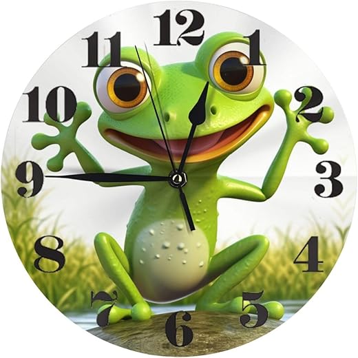 KiuLoam Funny Green Frog Round Wall Clock Silent Non Ticking Battery Operated Easy to Read for Student Office School Home Decorative Clock Art (One Size, Frog)