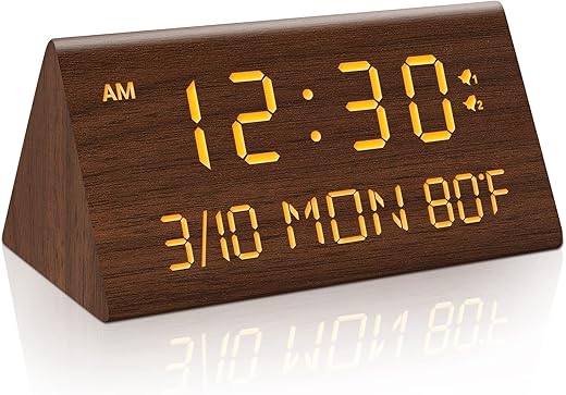 Kogonee Wooden Digital Alarm Clock, 0-100% Dimmer, 2 Alarm Settings, Weekday/Everyday Mode, 9 Mins Snooze, 12/24H, Temperature and Date Display for Office, Travel, Bedroom Alarm Clock (Brown)