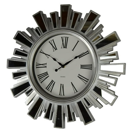 KOUROUU 19 Inch Silver and Mirror Starburst Wall Clock