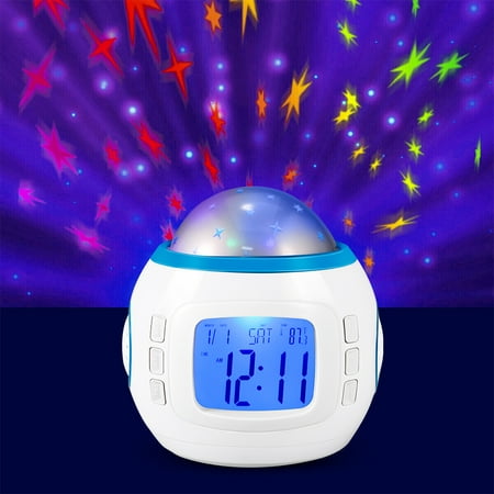 Kqiang Star Nightlig Alarm Clock Sunrise, Kids Alarm Clock Children Star Projection Digital Clock with Starry Sky Music Calendar Thermometer Backlight（White）