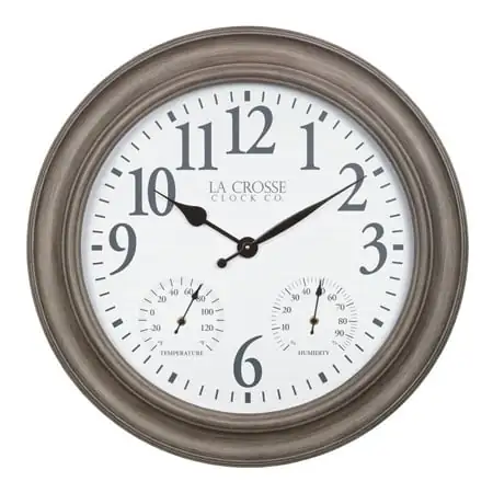 La Crosse 26.2 Outdoor Gray Oak Analog Quartz Wall Clock with Temp & Humidity, 433-3267TH