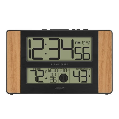 La Crosse Technology 513-1417 Atomic Digital Clock with Temperature and Moon Phase, Oak finish