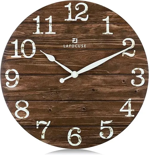 Lafocuse 12 Inch Silent Non Ticking Farmhouse Brown Wall Clock Battery Operated, Vintage Shabby Chic Wooden Wall Clock for Living Room Decor Kitchen Bedroom Office-Version 2.0