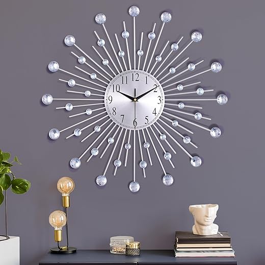 Lafocuse 23 Inch Silent Metal Bling Crystal Sunburst Wall Clock Silver Battery Operated, Large Mordern Art Deco Starburst Mid Century Wall Clock for Living Room Kitchen Office