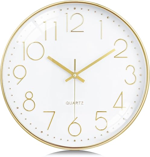 Lafocuse Silent Gold Wall Clock for Living Room Decor, 3D Numbers Gold and White Clock, Modern Kitchen Wall Clock Battery Operated Bedroom Home Office 12 Inch