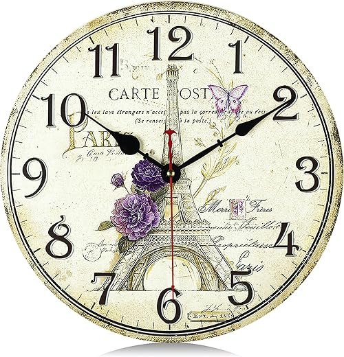 Lafocuse Wooden Paris Eiffel Tower Wall Clock Silent Non Ticking 12 Inch,Battery Operated Vintage Shabby Chic Rustic Farmhouse Kitchen Clocks Wall Decorative for Living Room Bedroom Office