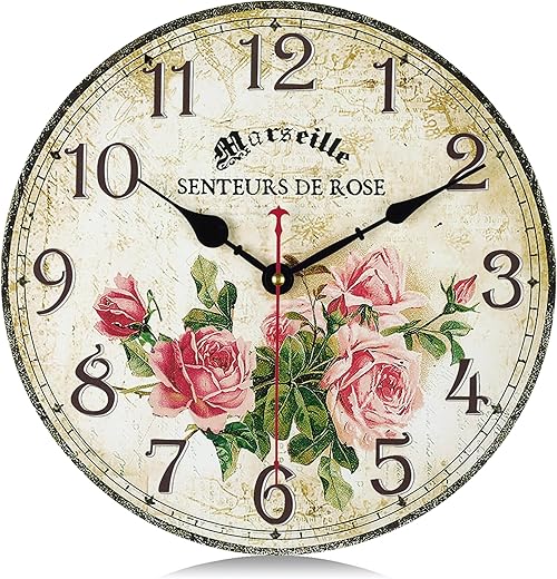 Lafocuse Wooden Pink Rose Flowers Wall Clock Silent Non Ticking 12 Inch,Battery Operated Vintage Shabby Chic Rustic Farmhouse Kitchen Clocks Wall Decorative for Living Room Bedroom Office