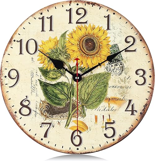 Lafocuse Wooden Yellow Sunflower Wall Clock Silent Non Ticking 12 Inch,Battery Operated Vintage Shabby Chic Rustic Farmhouse Kitchen Clocks Wall Decorative for Living Room Bedroom Office