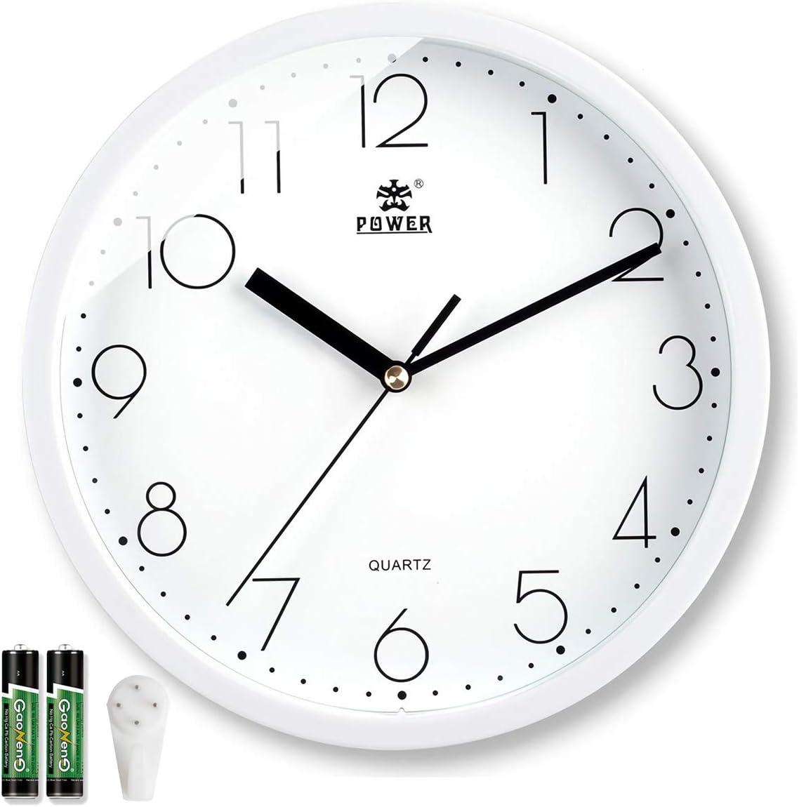 LAIGOO 10 Inch Modern Wall Clock, Decorative Non-Ticking Silent Wall Clock Battery Operated Analog Clock Round for Bedroom, Kitchen, School, Office (White)