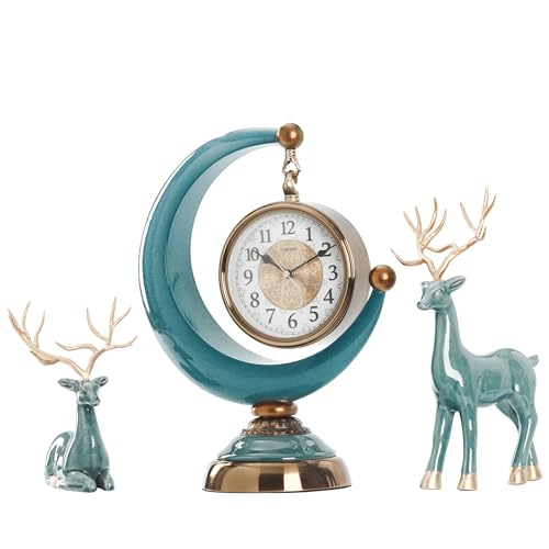 LANDCHY16‘’H Baroque Desk Clock Resin Mantel Clock with 2 Deers Figurine Ceramic Antique Clock Anniversary Clock for Living Room Bedroom Decor Office,Turquoise Color