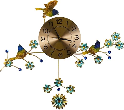 Large 3 Bluebird Gold Pendulum Wall Clock with Crystal Accents