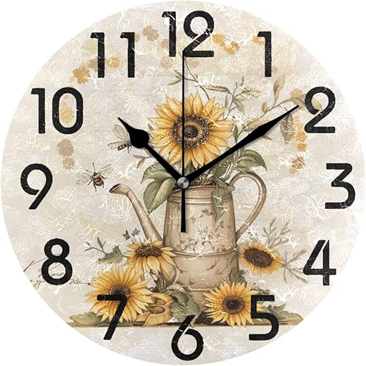 Large Decor Round Wall Clock, Vintage Country Watering Can Sunflowers 10 Inch Battery Operated Analog Quiet Non Ticking Desk Clock for Home/Kitchen/Living Room/Bedroom/Bathroom/Office