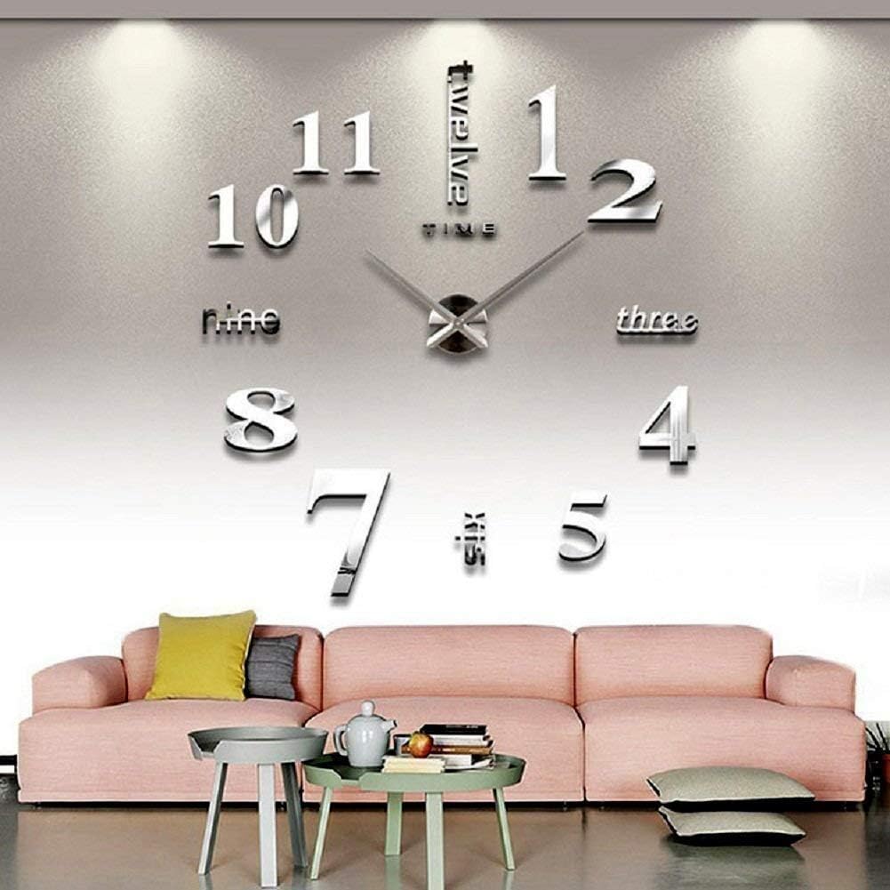 Large DIY 3D Frameless Silver Wall Clock – Oversized Modern Decor for Living Room, Stylish Metallic Design, Perfect for Home and Office