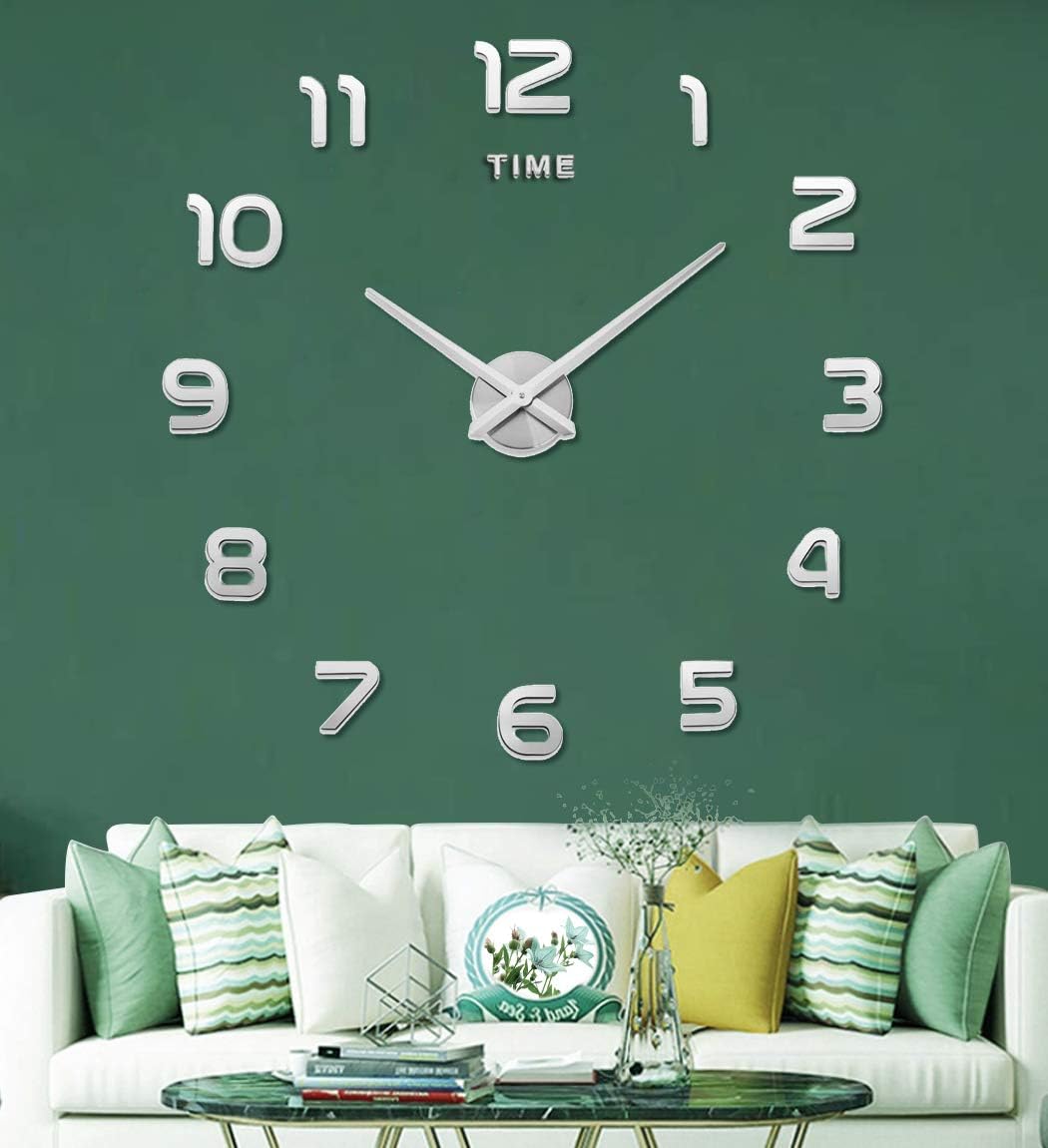 Large DIY Wall Clock, 3D Mirror Number Stickers Large Wall Clock Kit Mute Frameless Modern Design for Home Living Room Bedroom Office Decoration-Silver 002