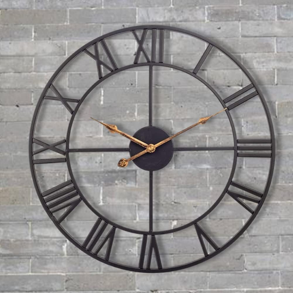 Large Industrial Wall Clock with Roman Numerals, Indoor Silent Non-Ticking Retro Clock, Vintage Metal Decorative Black Metal Art Clock Battery Operated for Home Kitchen Cafe Hotel Office Decor