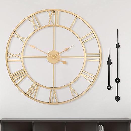 Large Modern Metal Wall Clocks Rustic Round Silent Non Ticking Battery Operated Roman Numerals Clock for Living Room/Bedroom/Kitchen Wall Decor-(Gold, 40cm)