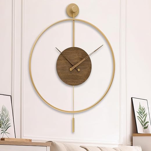 Large Modern Wall Clock,Wall Clocks for Living Room Decor,Classical Silent Metal Minimalist Walnut Dial,Big Decorative Farmhouse Pendulum Wall Clock With Walnut Pointers for Office,Dining Room