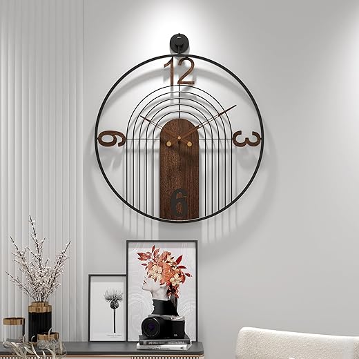 Large Modern Walnut Dial Wall Clock, Wood Metal Frame Silent Non Ticking Decoration Wall Clocks for Living Room, Bedroom, Kitchen, Study, Handmade Home Decor Gift Idea, 26.4 Inch