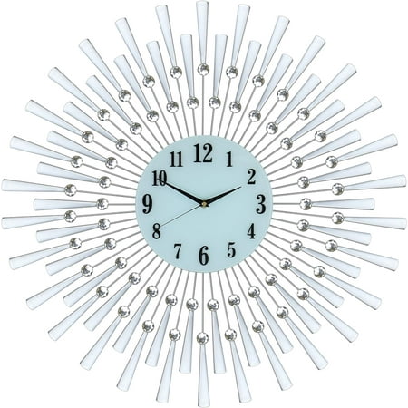 Large Silver Spoke Sunburst Wall Clock with Crystal Accents