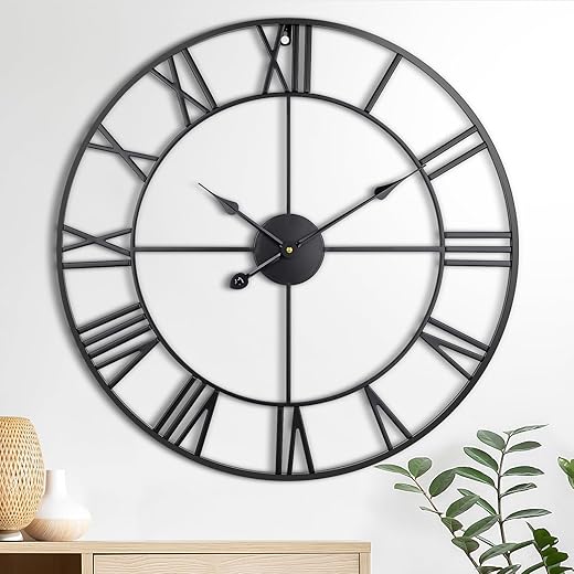 Large Wall Clock, 24-Inch(60CM) Roman Numeral Decorative Art Wall Clock,Completely Silent, Non Ticking, Battery-Operated Metal Wall Clock for Living Room, Bedroom and Kitchen-Black