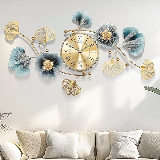 Large Wall Clock,3D Creative Metal Ginkgo Leaf Decoration Clock, with Silent Movement Decorative Wall Clock,Large Wall Decor, for Living Room Bedroom Kitchen Office（59''x35'' ）