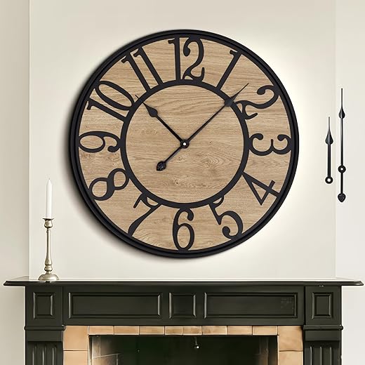 Large Wall Clock for Living Room Decor, Non Ticking Silent, Battery Operated Modern Vintage Wood Wall Clock Oversized Decorative Wall Clock for Bedroom Kitchen Farmhouse Office Decor