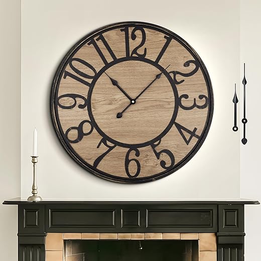 Large Wall Clock for Living Room Decor, Non Ticking Silent, Battery Operated Modern Vintage Wood Wall Clock Oversized Decorative Wall Clock for Bedroom Kitchen Farmhouse Office Decor