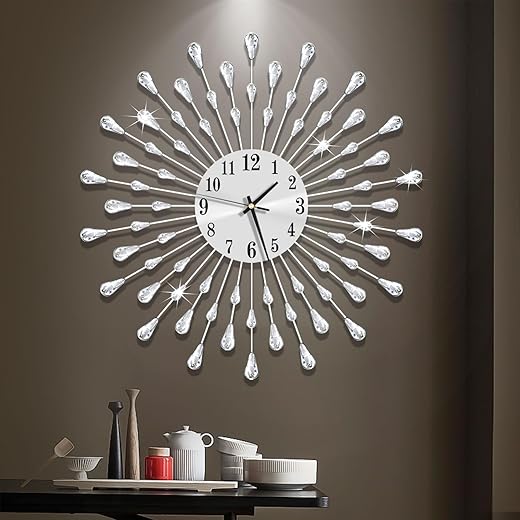 Large Wall Clock Metal Decorative Wall Clocks Silent Non-Ticking,Bling Shining Modern Art Starburst Big Wall Clocks for Living Room Bedroom Dining Room Kitchen Decor,Dia 19.7 Inch Silver