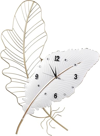 Large Wall Clock Metal Feather Decorate,Gold Silent Non-Ticking Big Clocks Modern Home Decorations for Living Room,Bedroom,Dining Room, Office-30inch