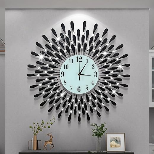 Large Wall Clock Non-Ticking Silent Modern Metal Big Clocks Decorative Wall Clocks for Living Room Dining Room Bedroom Decor, Dia 28 Inch Black